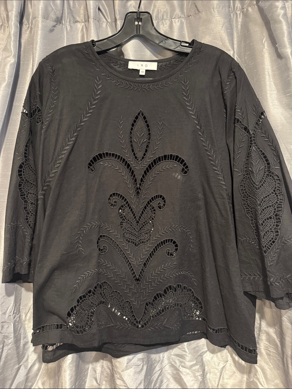 IRO Clea Black Embroidered Cutwork Tunic Top size Large/40